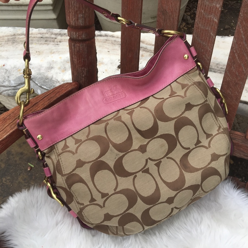 Coach Tan Signature C Purse w/ Pink Leather Trim